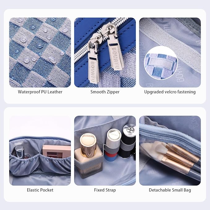 BOYATU Travel Makeup Bag for Women: Large Cosmetic Bag Set of 3 - PU Leather Make up Bag with Compartments - Compact Waterproof Toiletry Bag with Divider & Handle (D-1-Blue) - Image 4
