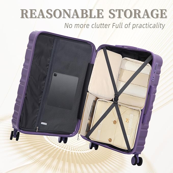 3-Piece Luggage Set 20/24/28'' Hard-shell with 360° Spinner Wheels & Combination Lock, Lightweight ABS Material for Travelling, Purple - Image 6