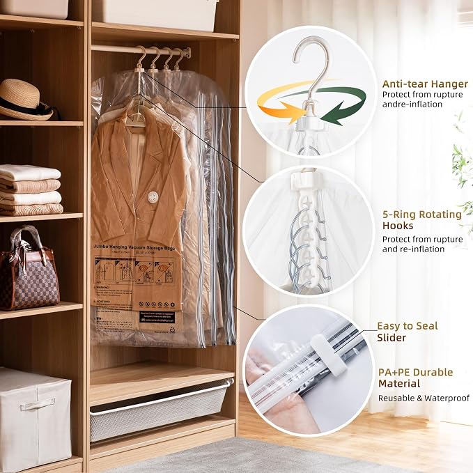 TAILI Hanging Vacuum Sealer Storage Space Saver Bags for Clothing,Travel, Suits and Jackets, Closet Organizers, 6 Pack Jumbo Clear - Image 6