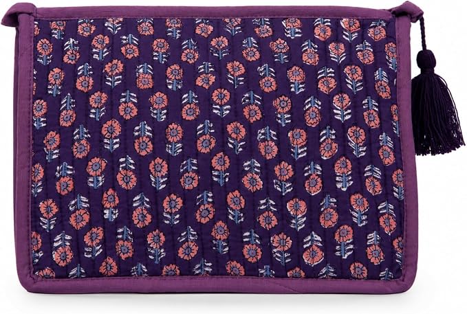 Quilted Makeup Bag- Large Capacity Cosmetic Bags for Women - Water Resistance Lining Portable Pouch & Open Toiletry Bag - Perfect Girls Makeup Organizer for Travel Essentials (Purple & Orange Floral) by Huar