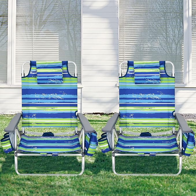 Giantex Folding Beach Chair, Patio Sling Chairs with 5 Adjustable Position, Head Pillow, Storage Bag, Towel Bar, Cup Holders, Backpack Chairs for Sunbathing, Camping Chair - Image 4