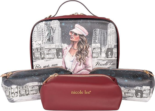 Nicole Lee Travel Handbag Crossbody Set with 3 Fashion Print Makeup Pouches, Women's Cosmetic Toiletry Organizer (Sara is Soft but Strong) by NicoleLee
