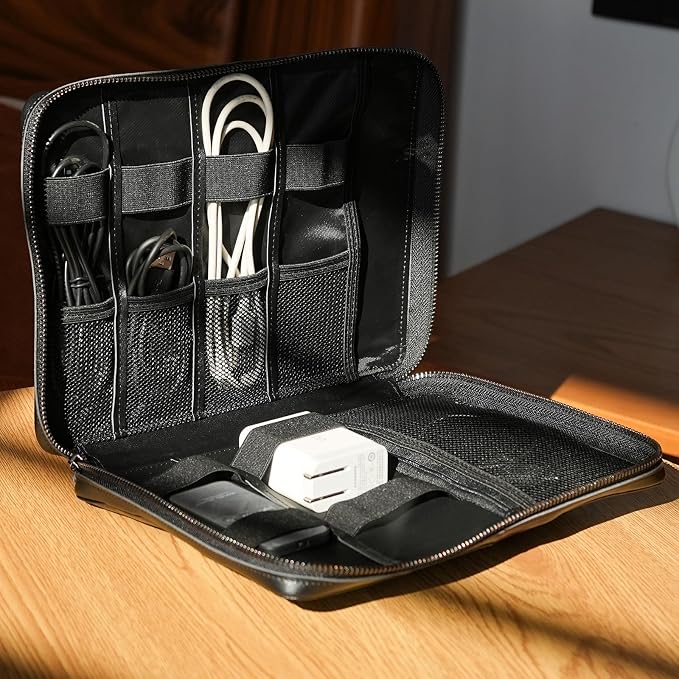 Polare Full Grain Leather Travel Cable Organizer Case Electronics Accessories Carry Bag with YKK Zippers Tech Storage Bag for Cables, Power Bank, USB, SD Card, Travel Essentials - Image 7