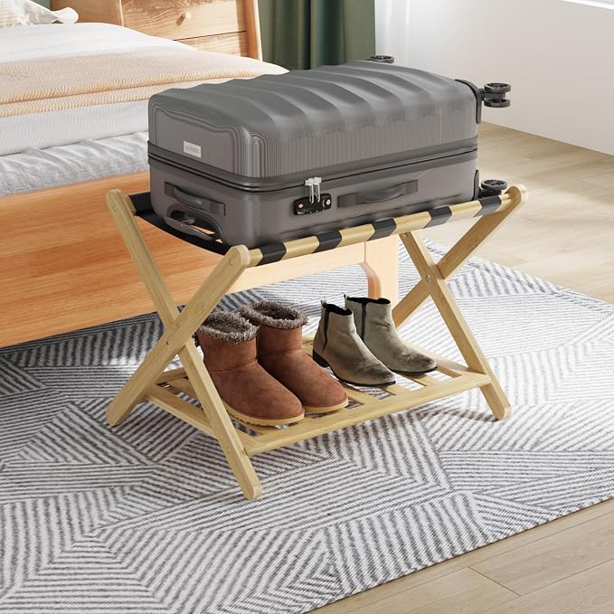 Smuxee Fully Assembled Luggage Rack for Guest Room, Upgraded Bamboo Foldable Suitcase Stand with 5 Nylon Straps, Nature Luggage Holder with Shelf for Bedroom Hotel - Image 2