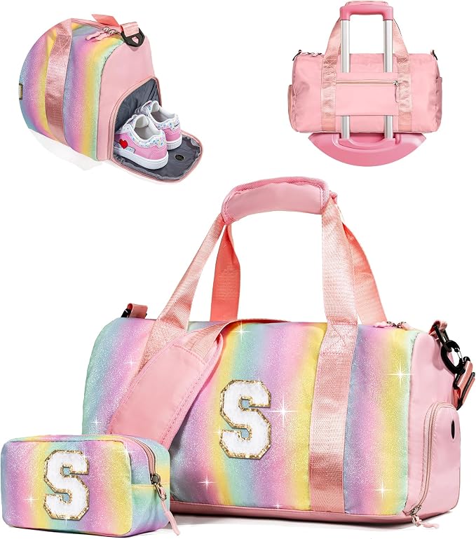 Preppy Gifts-Girl Gym Bag with Shoe Compartment, Kid Personalized Weekender Overnight Bags, Initial Travel Tote with Makeup Pouch, Gift for 3 4 5 6 7 8 9 10 11 12 Year Old Girls (Letter S) by Vogewood