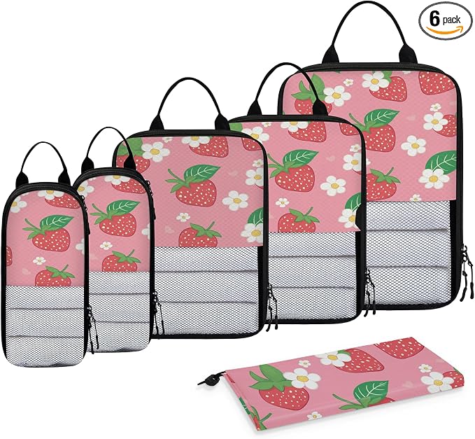 Strawberry Flower 6 Set Compression Packing Cubes for Travel Luggage Carry On Suitcase Compressible Expandable Packing Cubes Organizers Bag by BICUUZHI