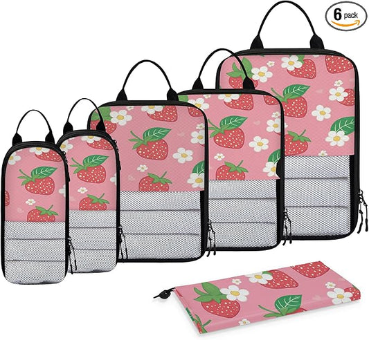 Strawberry Flower 6 Set Compression Packing Cubes for Travel Luggage Carry On Suitcase Compressible Expandable Packing Cubes Organizers Bag by BICUUZHI