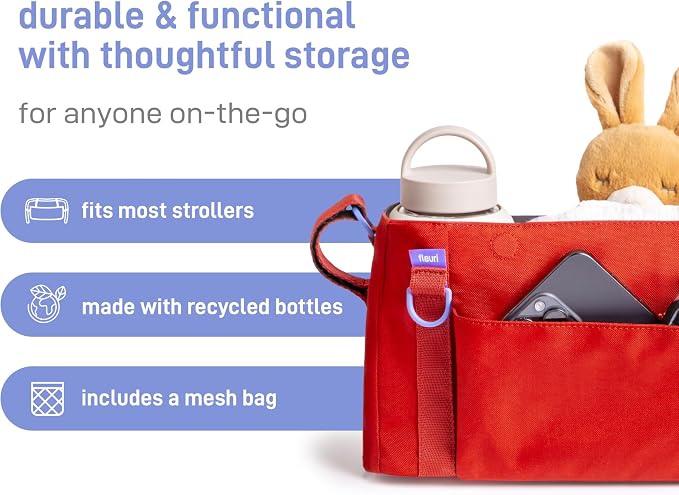 Ubbi Fleuri Anywhere Stroller Organizer, Features Front Zippered Pocket, 2 Cup Holders, Mesh Bag, Fits Most Strollers, Wild Poppy - Image 3