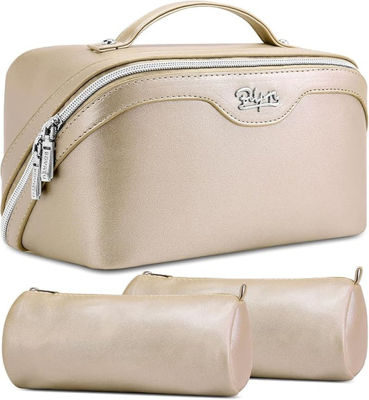 BOYATU Travel Makeup Bag Organizer Cosmetic Bag: 3 Pcs Set Make up Bags for Women with Handle - Waterproof Vegan Leather Toiletry Bags Travel Essentials Pouch with Compartments (C-07-Gold) by BOYATU