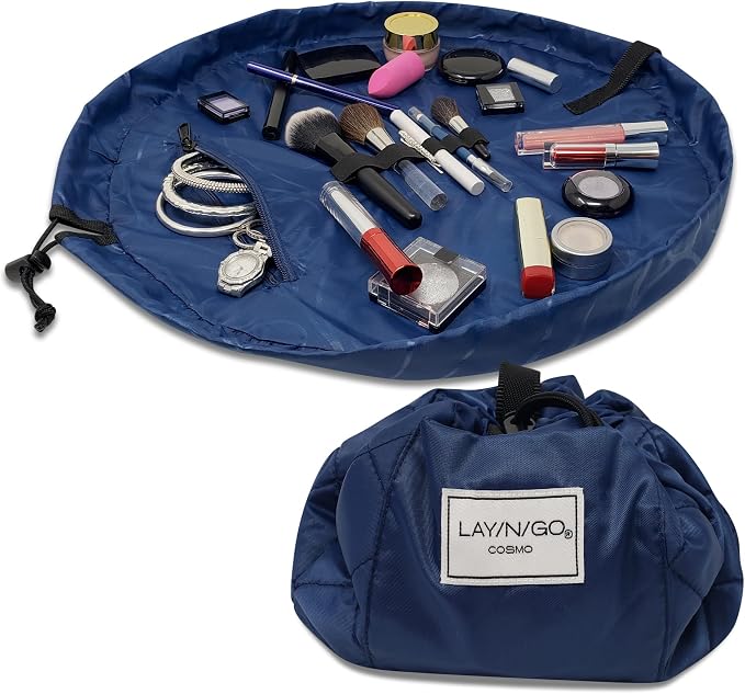 Lay-n-Go Cosmo Layflat Drawstring Cosmetic & Makeup Bag Organizer w/Zipper Pocket, Brush Loops & More, Cinch to Close, Lay Flat to Use, Durable, Machine Wash, Travel Toiletry Bag (20", Navy) by Lay-n-Go