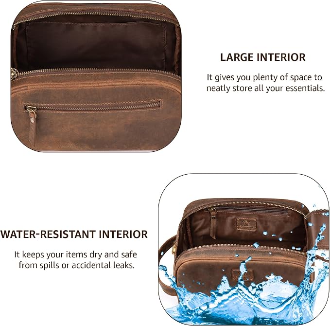 King-Size Premium Leather Toiletry Travel Pouch – Handcrafted Vintage Dopp Kit Bag with Waterproof Lining, Spacious Design for Travel Essentials - Brown - Image 3