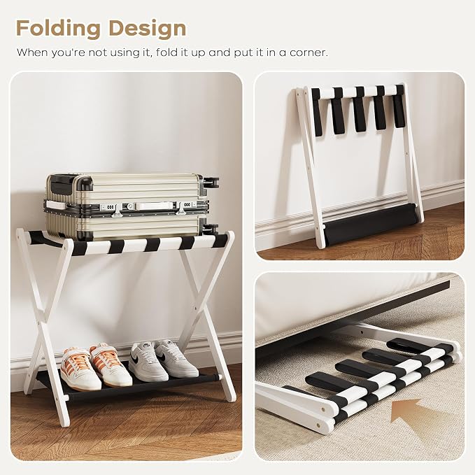 oakvivo Fully Assembled 2 Pack Luggage Rack with Fabric Storage Shelf, 26.77" Bamboo Folding Luggage Rack for Guest Room, Luggage Stand Holder, Thickened Suitcase Stand Holds up to 165 Lbs, White - Image 5