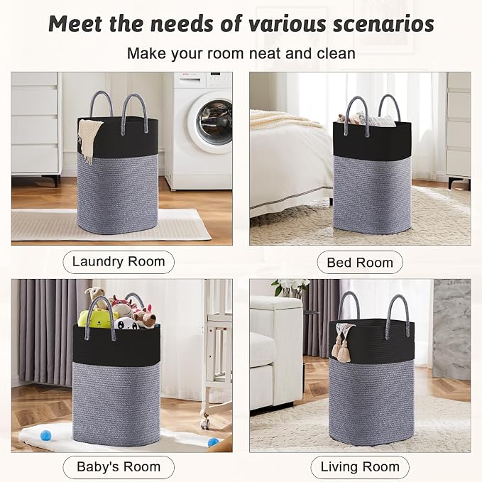 Laundry Basket,Woven Cotton Rope Laundry Hamper,Versatile Storage for Dirty Clothes,Baby Toys,and Blankets in Bathroom, Nursery,and Living Room (Black, 60L) - Image 5