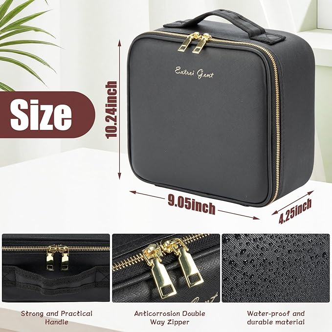 Extrei Gent Makeup Travel Train Case with Mirror LED Light 3 Adjustable Brightness Large Cosmetic Bag Portable Storage Adjustable Partition Waterproof Makeup Brushes Make up Jewelry Gift for Women - Image 2