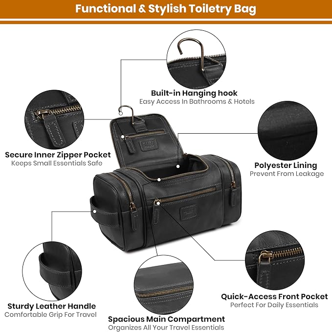 LEATHER VILLAGE Genuine Leather Travel Dopp Kit for Men & Women – Water-Resistant Large-Capacity Hanging Toiletry Bag for Travel, Grooming, Bathroom Organization, Shaving Essentials & Gym Use - Black - Image 4