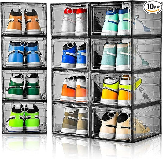 Amllas 12 Pack Shoe Boxes Stackable,Upgraded Sturdy Shoe Storage Boxes with Clear Magnetic Door,Multifunctional Sneaker Storage, Shoe Box Organizer Fit up to US Size 12 Gray(13.8”x 9.84”x 7.1”) by Amllas