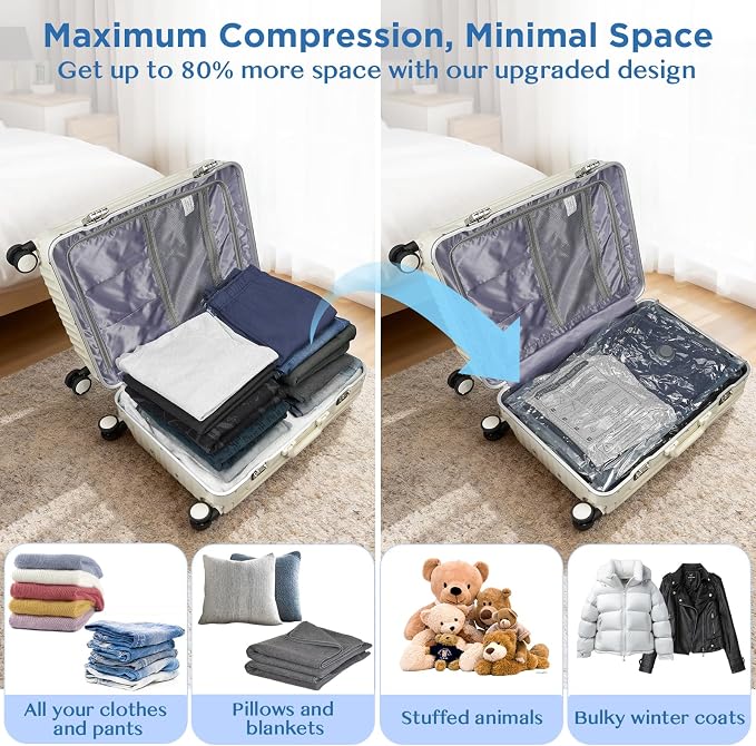 SORON 15 Pack Vacuum Seal Bags for Clothing Travel, Travel Vacuum Storage Bags with Rechargeable air Pump, Carry-on Size Compression for Luggage and Suitcases, Space Saver for Clothes - Image 3