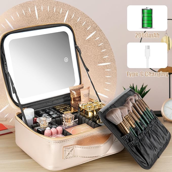 Extrei Gent Makeup Travel Train Case with Mirror LED Light 3 Adjustable Brightness Large Cosmetic Bag Portable Storage Adjustable Partition Waterproof Make up Brushes Makeup Jewelry Gift for Women - Image 2