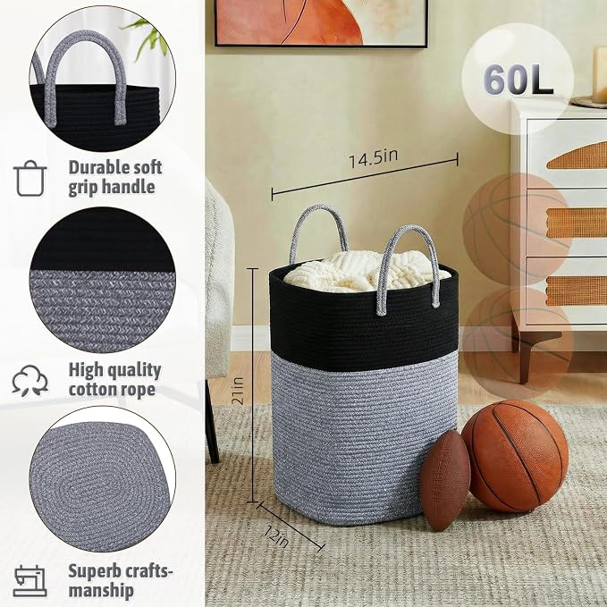 Laundry Basket,Woven Cotton Rope Laundry Hamper,Versatile Storage for Dirty Clothes,Baby Toys,and Blankets in Bathroom, Nursery,and Living Room (Black, 60L) - Image 2