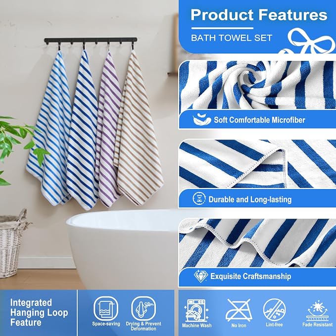 JML Microfiber Beach Towels, 6 Pack, 27" x 55", Large Bath Towel Set for Adult- Cabana Stripe - Absorbent, Quick Drying Lint-Free, No Fading for Summer Party, Pool, Sport, Yoga, Swimming, Dark Blue - Image 3