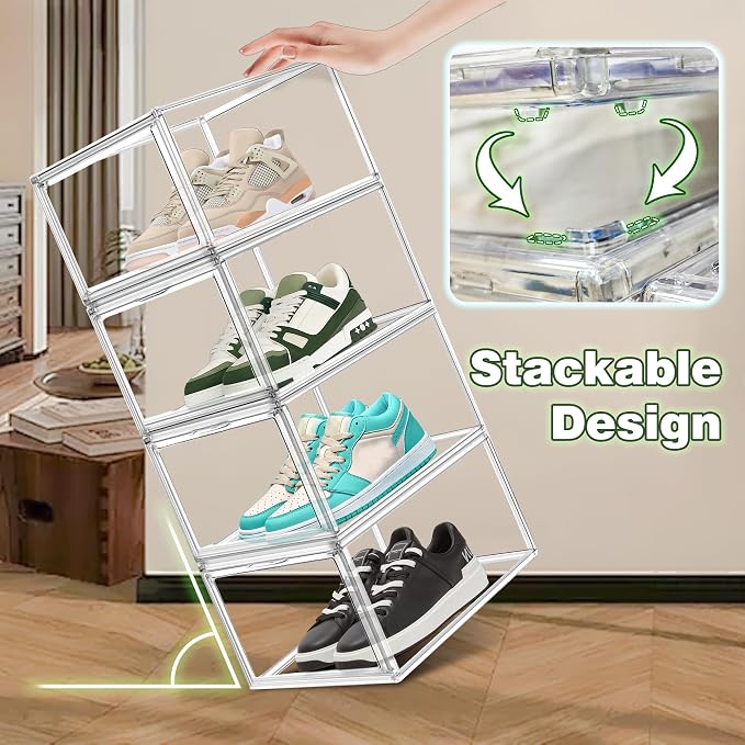 2 Pack Drop Front Acrylic Shoe Boxes with Magnetic Door Fit US Size 12, Clear Stackable Shoe Organizer for Closet, Entryway, Underbed, Multiple Display Cases for Hats, Figures, Sneakers - Image 5