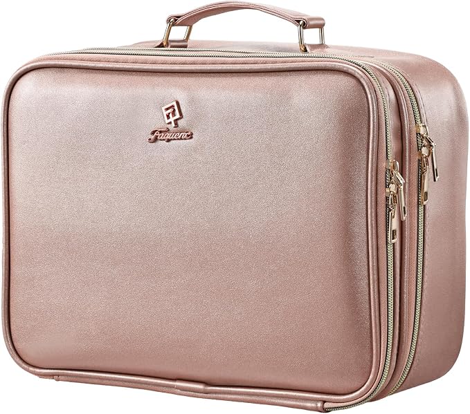 Faquenc Makeup Bag with LED Lighted Mirror 12.2 IN Cosmetic Train Case Double Layer Makeup Case Adjustable Brightness in 3 Colors Cosmetic Organizer Artist Storage with Brush Holder Vanity Smoky Pink by Faquenc
