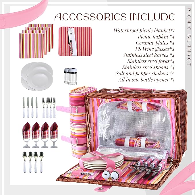 Picnic Basket Set for 4 with Waterproof Blanket Mat Insulation Bag Wicker Pink Stripe Classic Fresh Gift for Christmas Thanksgiving Wedding Birthday Camp Outdoor Beach Travel - Image 2