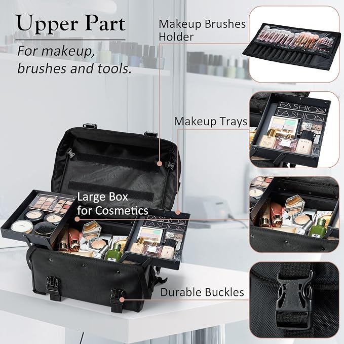 Stagiant Professional Rolling Makeup Case Soft Sided Cosmetology Organizer Wheeled Nylon Train Case Portable Travel Supply Station for Makeup Artist Nail Technician Hair Stylist Crafters - Image 2
