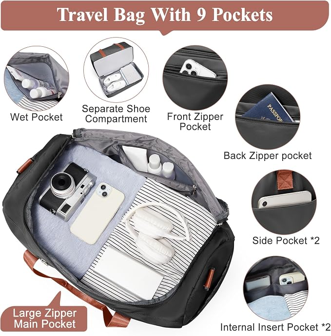 Travel Duffel Bag,Carry-On Overnight Weekender Bags with Shoes Compartment | Travel Bag with Wet Pocket & Luggage Sleeve, For Spirit Airlines 18x14x8 Personal Item Bag,Small,Black & Brown - Image 5