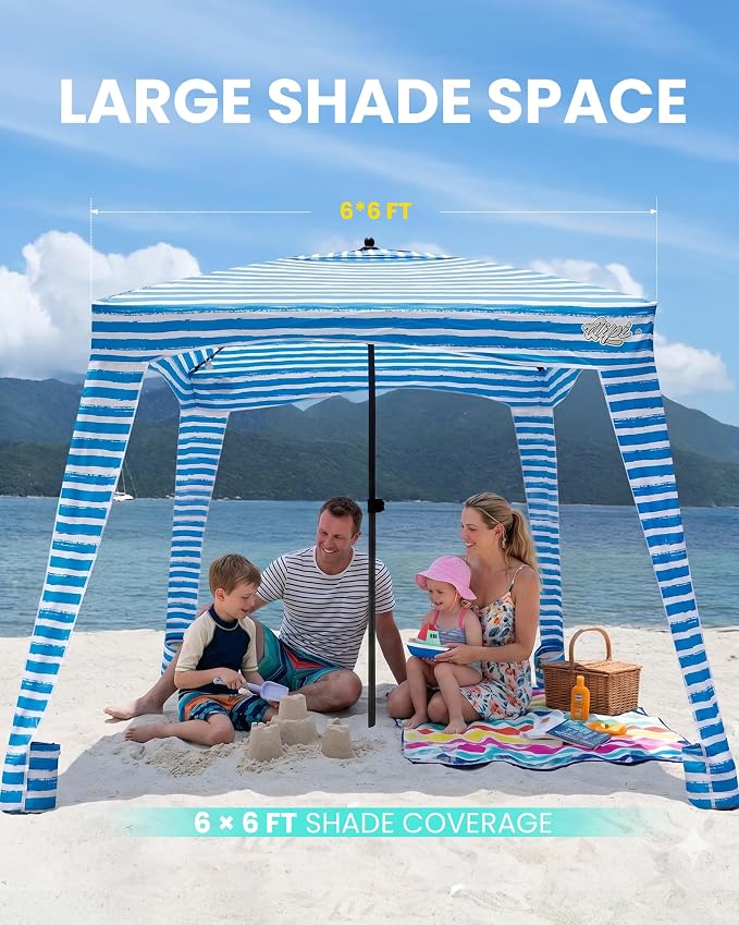 Qipi Beach Cabanas for Sand, Beach Canopy with Sandbags & Side Wall for Family, Easy Set Up Sun Shelter, UPF 50+ UV Protection with Roof Vent - Image 9