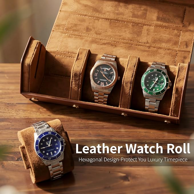 Luxury Hexagonal Leather Watch Roll for 3 Watches, Men's Gift | Multiple Watch Capacity,Premium Hexagon Leather,Velvet M-Shaped Cushions,Secure Snap Closure,Storage Organizer - Image 3