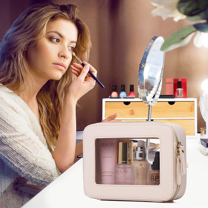 Pinkmik Clear Makeup Bag Waterproof Travel Case for Cosmetics and Toiletries Women's Purse Organizer and Clear Car Bag with Zipper (Beige, M+MINI) - Image 3