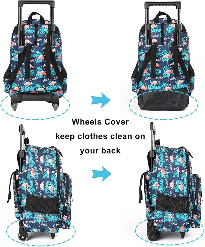 Tilami Rolling Backpack 18 inch Double Handle with Lunch Bag Wheeled Kids Backpack, Flamingo Black - Image 5