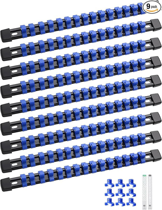ALOANES 9PC ABS Socket Organizer, Socket Rails Fit 3/8 inch Drive | Portable Heavy Duty Socket Holders Hold up 135 Sockets for Mechanics Toolbox Drawer Bags(Blue) by Aloanes