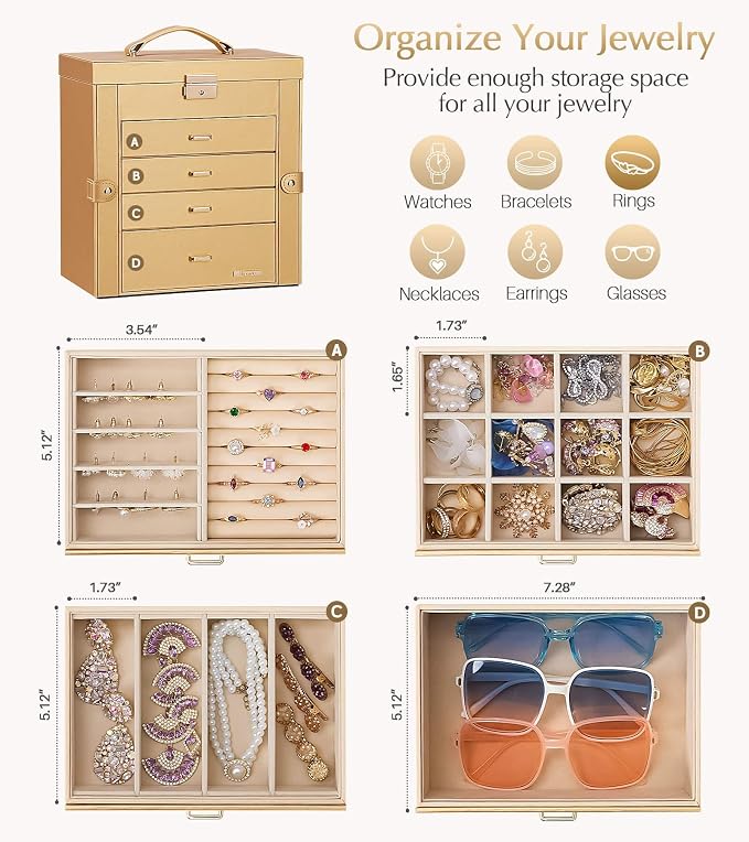 Homde Synthetic Leather Huge Jewelry Box Mirrored Watch Organizer Necklace Ring Earring Storage Lockable Gift Case (Gold) - Image 3
