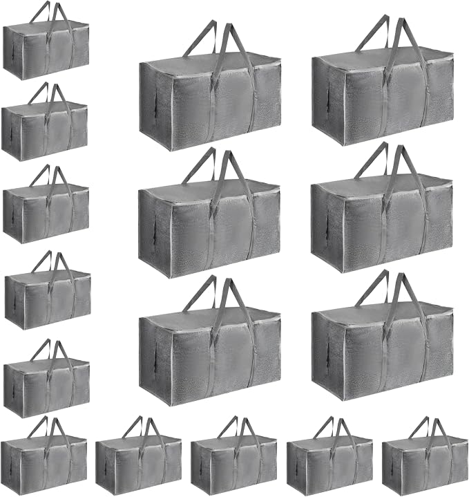 16 Pack-Extra Large Heavy Duty Moving Bags - Waterproof Storage Totes with Handles & Zippers, Foldable for College Dorm, Storage (Gray) by Unknown