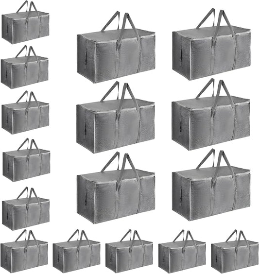 16 Pack-Extra Large Heavy Duty Moving Bags - Waterproof Storage Totes with Handles & Zippers, Foldable for College Dorm, Storage (Gray) by Unknown