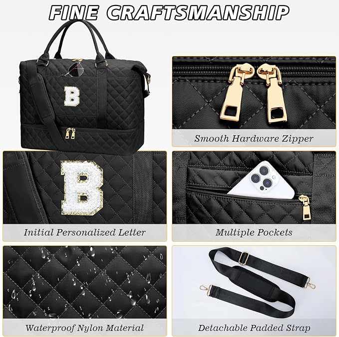 Gifts for Women Girls Initial Travel Duffle Bag Quilted Weekender Bags Carry-On Overnight with Cosmetic Bag, Gym Bag with Shoe Compartment, Black B - Image 6