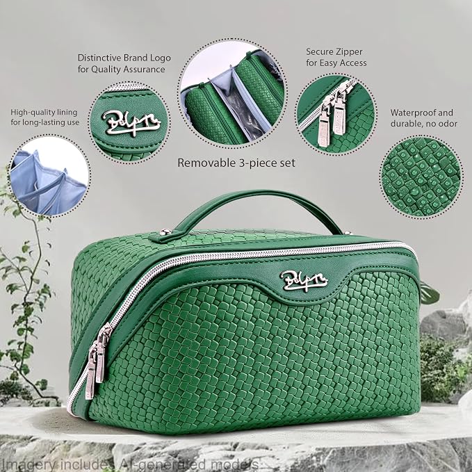 BOYATU Travel Makeup Bag Cosmetic Bags for Women: Large Capacity 3 Pcs Set Make up Bag with Compartments - Waterproof Vegan Leather Toiletry Organizer Bags with Handle (L38 Green) - Image 2