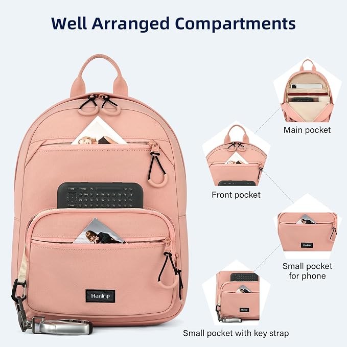 HanTrip Carry On Travel Backpack For Men Women, 13 Inch Small Mini Work Bag Personal Item Backpacks, Camping Back Pack Lightweight Hiking Daypack For Office Nurse Commuter (Pink) - Image 3