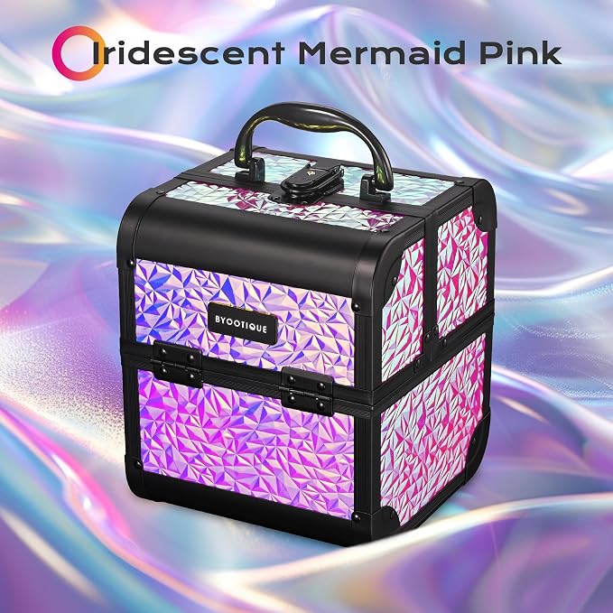 BYOOTIQUE Mini Makeup Train Case with Mirror 2 Tier Trays Box Makeup Artist | Aluminum Portable Travel Makeup Case Organizer Box Lockable Suitcase Cosmetic Storage Hairstylist Nail Tech Mermaid Pink - Image 2