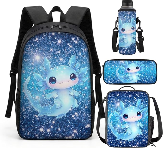 Blue Axolotl Backpack for School Girls 2nd Grade with Lunch Box 17in Elementary Bookbag and Lunch Bag Set 4 in 1 Galaxy Back Pack for Kids 6-8/5-7 by SCRAWLGODDreamWardrobe