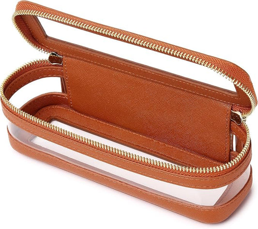 Pinkmik Makeup Brush Case, Brown, Slim | Clear Travel Cosmetic & Toiletry Bag, With Zipper, Small Purse Organizer, Car Essential for Women by Pinkmik