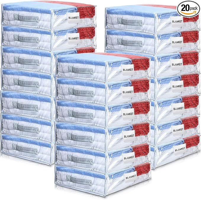 Kenning 20 Pcs Clear Zippered Storage Bags for Sheet Plastic Sweater Bag with Handle and Label Pocket Vinyl Stackable Closet Organizer Moving Bag for Bed Blanket Clothes Pillow(White,18 x 15 x 4 Inch) by Kenning