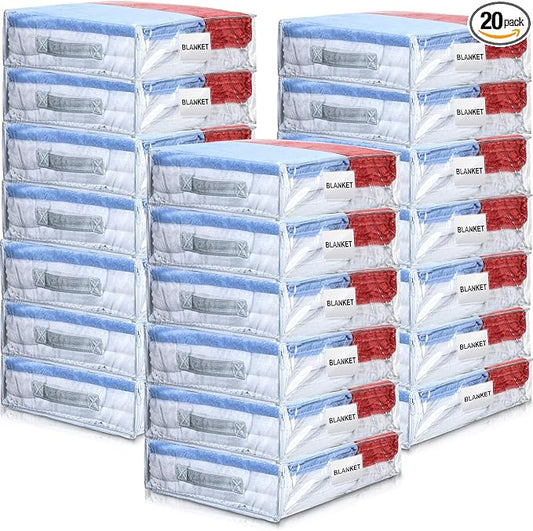 Kenning 20 Pcs Clear Zippered Storage Bags for Sheet Plastic Sweater Bag with Handle and Label Pocket Vinyl Stackable Closet Organizer Moving Bag for Bed Blanket Clothes Pillow(White,18 x 15 x 4 Inch) by Kenning