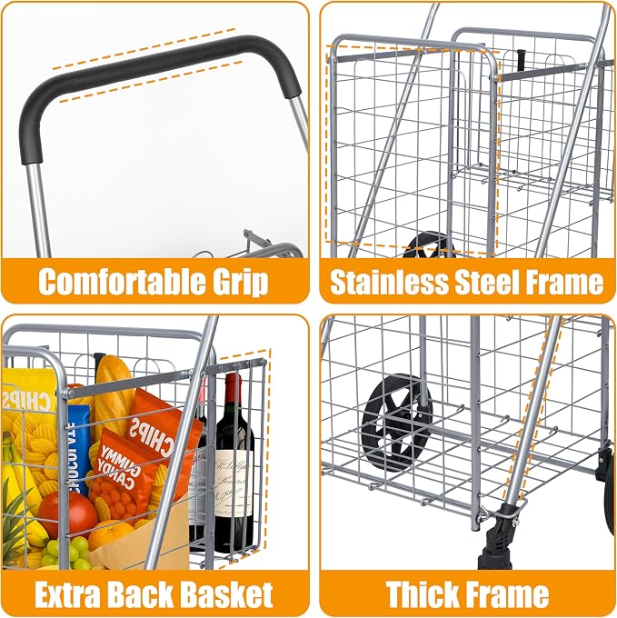 Whitmor Utility Folding Shopping Cart, 115L Heavy Duty Grocery Cart with Double Basket, 360° Swivel Wheels, Foldable Rolling Utility Trolley, 110 Lbs Capacity for Grocery, Laundry, Travel, Sliver - Image 3