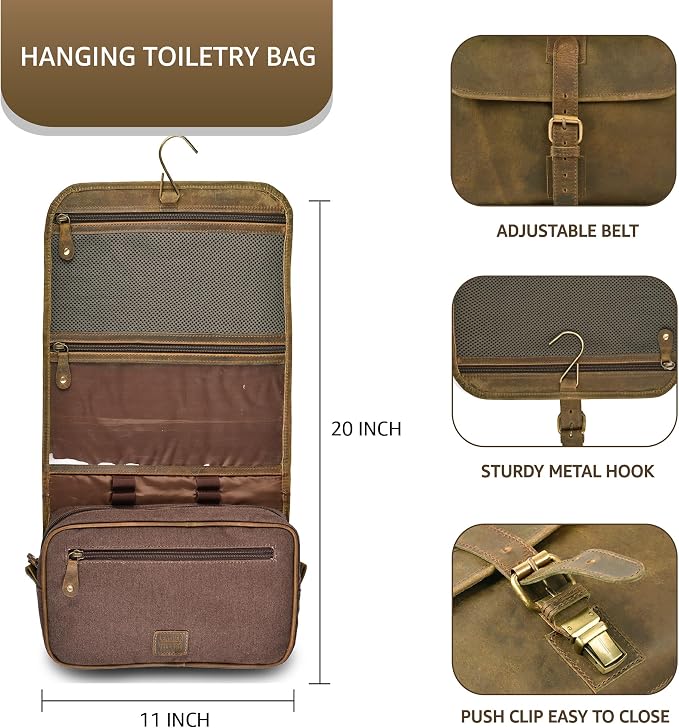 LEATHER VILLAGE Hanging Genuine Leather Toiletry Bag for Men & Women with Waterproof Lining – Handcrafted Vintage Travel Dopp Kit, Shaving Organizer & Shower Bathroom Essentials Case - Mud - Image 2