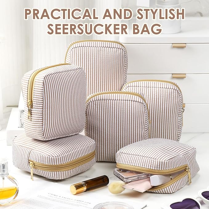 Sanwuta 6 Seersucker Cosmetic Bag Bulk Striped Makeup Bag for Women Aesthetic Cute Travel Toiletry Organizer Preppy Storage Pouch for Wedding Bridesmaid Mother's Day Teacher Gift (Small,Khaki) - Image 4