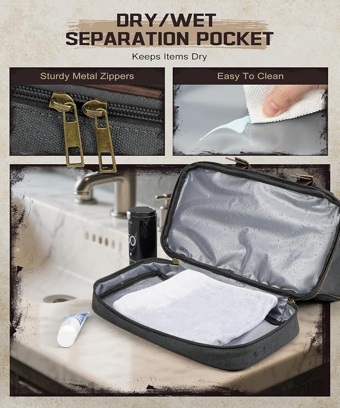 ARCFOX Travel Hanging Toiletry Bag for Men, Vintage Canvas Large Toiletry Bag with 7 Compartments, Camping Gym Travel Toiletry Kit Organizer with PVC Wet & Dry Pockets, Personalized Wash Bag, Black - Image 5