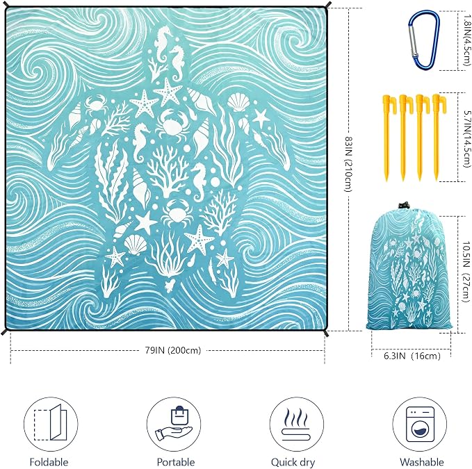 HIHOHO Beach Blanket Waterproof Sandproof Beach Mat 79”x 83” for 1-8 Adults Quick Drying Durable Outdoor Picnic Mat for Beach Festival Travel Camping Hiking (Wave Turtle-BL, 79"×83"(4 Person)) - Image 3